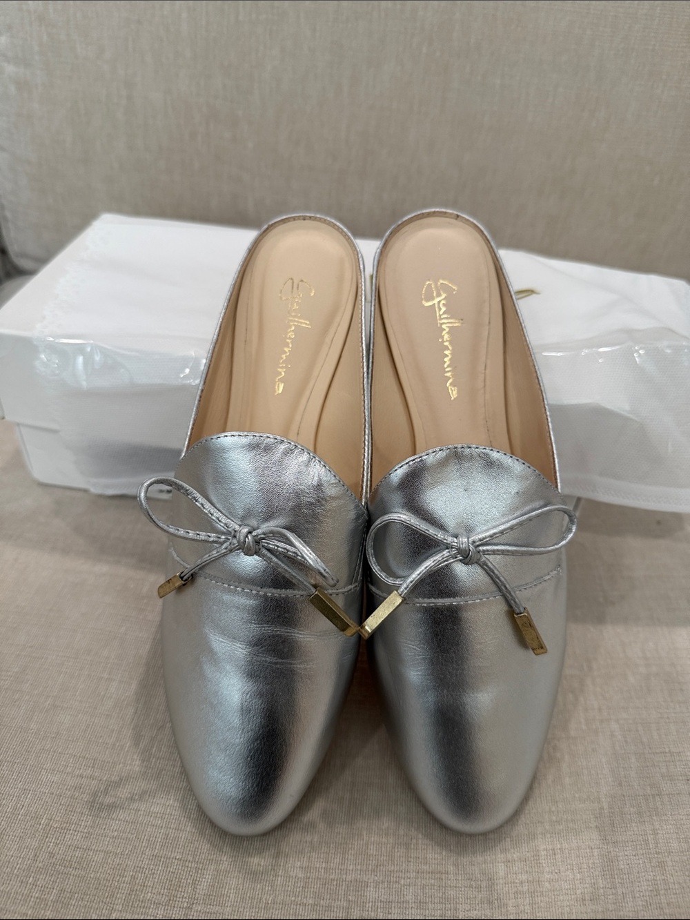 Metallic Silver Bow-Accent Mule Clogs by Salvatore Ferragamo